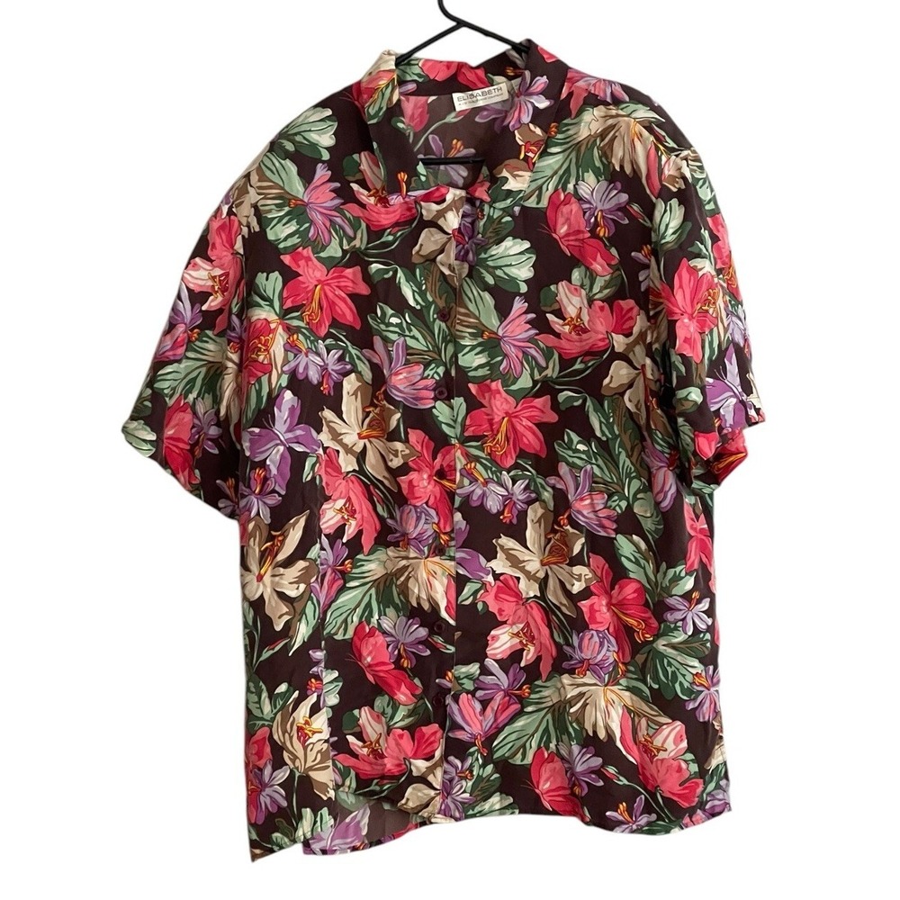 Elisabeth Liz Claiborne 100% silk button down shirt sz 20 floral blouse vacation